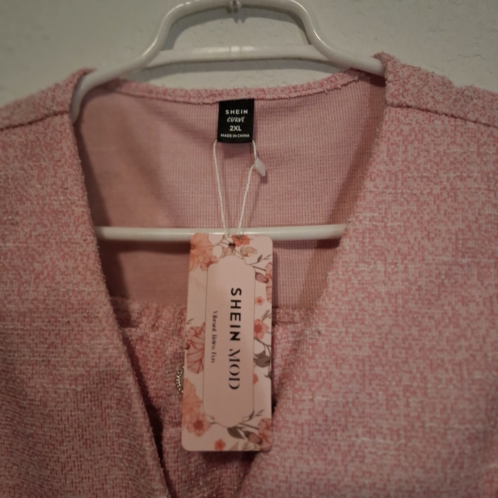 Gorgeous Shein Curve 2X Pink Faux Tweed 2-Piece Wide Leg Suit - Picture 5 of 8